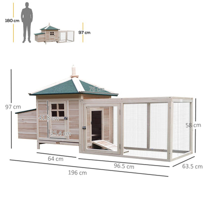 PawHut Chicken Coop with Run Hen House Poultry Coops Cages Pen Outdoor Backyard with Nesting Box - 196 x 76 x 97cm, Natural - Baig Merchant