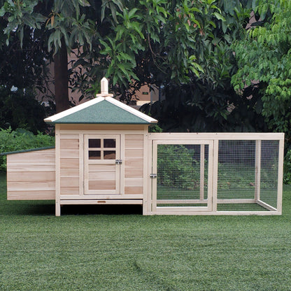 PawHut Chicken Coop with Run Hen House Poultry Coops Cages Pen Outdoor Backyard with Nesting Box - 196 x 76 x 97cm, Natural - Baig Merchant