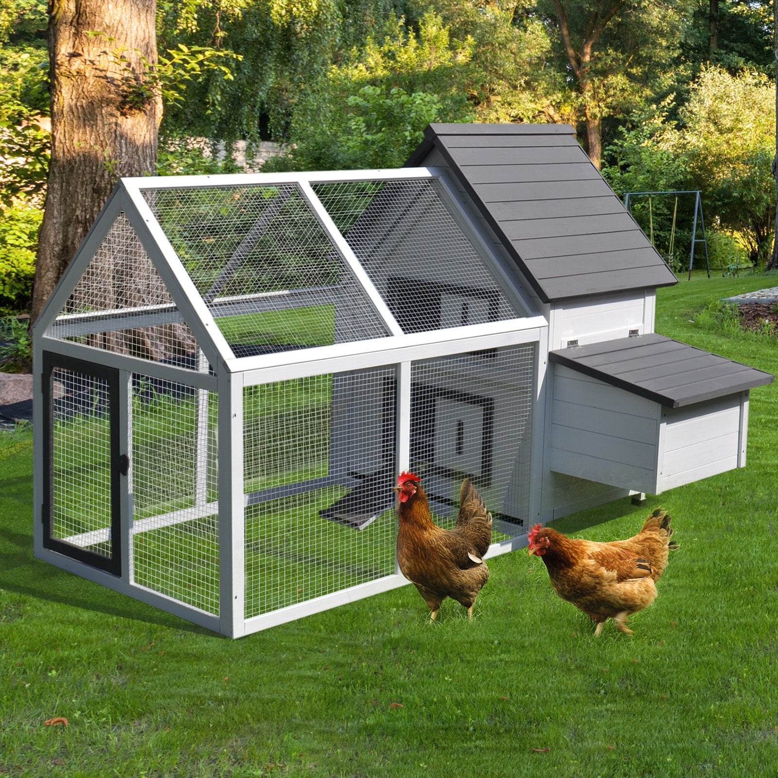 PawHut Chicken Coop with Run Wooden Hen House Pet Poultry Coops Cages Small Animal Outdoor Pen with Nesting Box 166 x 120 x 112cm - Baig Merchant