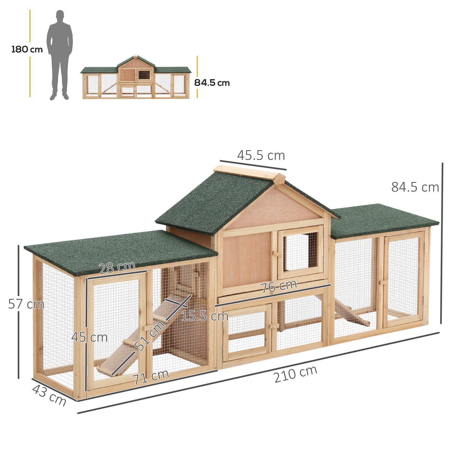 PawHut Deluxe Rabbit Hutch Outdoor, Wooden Guinea Pig Hutch, Two - Storey Bunny House with Ladder Rabbit Run Box Slide - out Tray 210 x 45.5 x 84.5 cm - Baig Merchant