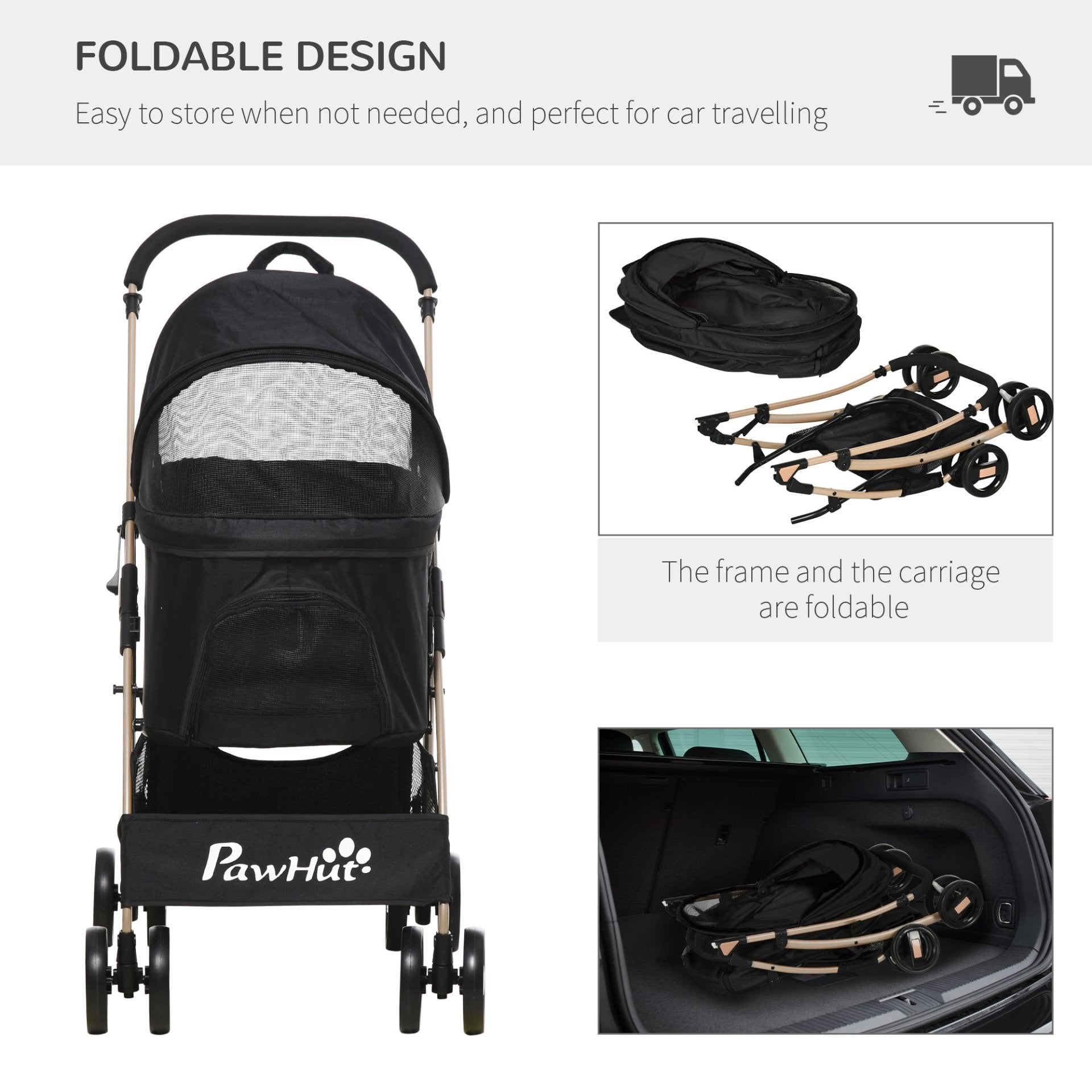 PawHut Detachable Pet Stroller, 3 In 1 Dog Cat Travel Carriage, Foldable Carrying Bag w/ Universal Wheels, Brake, Canopy, Basket, Storage Bag - Black - Baig Merchant