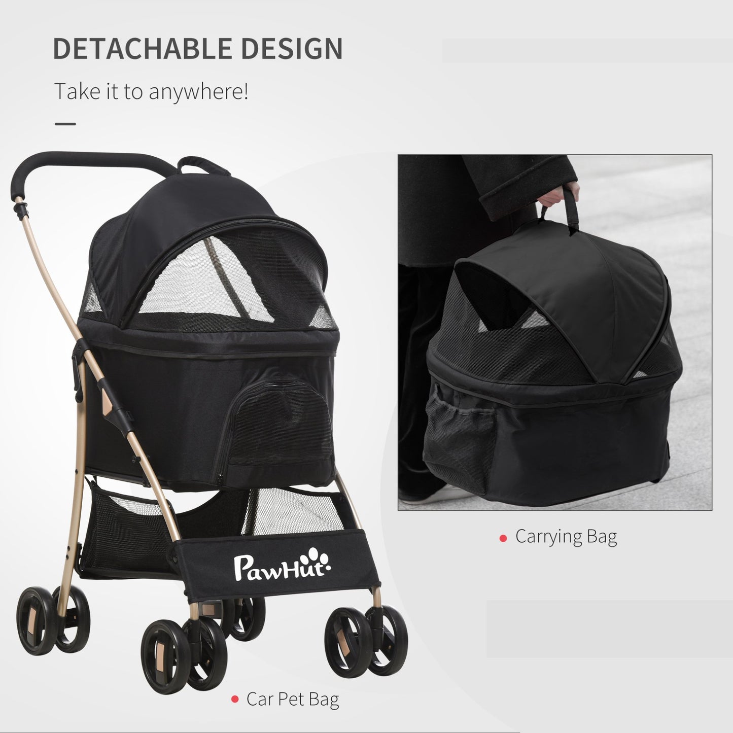 PawHut Detachable Pet Stroller, 3 In 1 Dog Cat Travel Carriage, Foldable Carrying Bag w/ Universal Wheels, Brake, Canopy, Basket, Storage Bag - Black - Baig Merchant