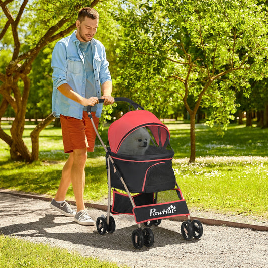 PawHut Detachable Pet Stroller, 3 In 1 Dog Cat Travel Carriage, Foldable Carrying Bag w/ Universal Wheels, Brake, Canopy, Basket, Storage Bag - Red - Baig Merchant