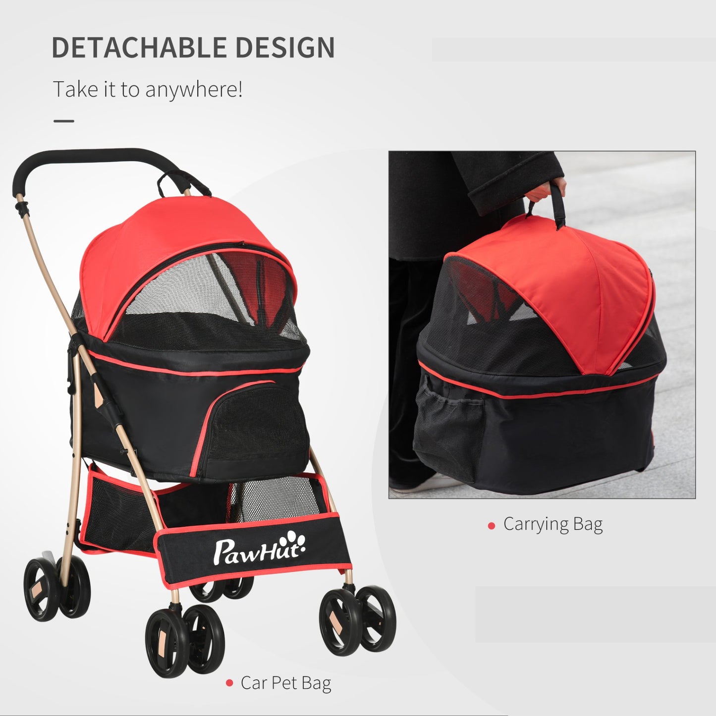 PawHut Detachable Pet Stroller, 3 In 1 Dog Cat Travel Carriage, Foldable Carrying Bag w/ Universal Wheels, Brake, Canopy, Basket, Storage Bag - Red - Baig Merchant