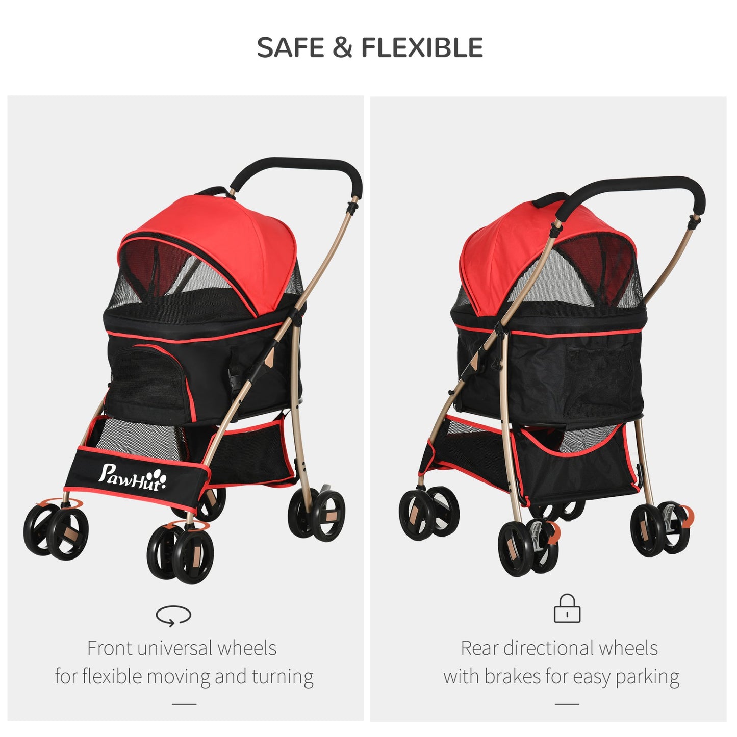 PawHut Detachable Pet Stroller, 3 In 1 Dog Cat Travel Carriage, Foldable Carrying Bag w/ Universal Wheels, Brake, Canopy, Basket, Storage Bag - Red - Baig Merchant