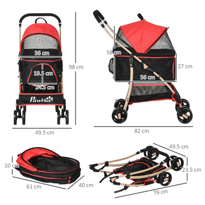 PawHut Detachable Pet Stroller, 3 In 1 Dog Cat Travel Carriage, Foldable Carrying Bag w/ Universal Wheels, Brake, Canopy, Basket, Storage Bag - Red - Baig Merchant