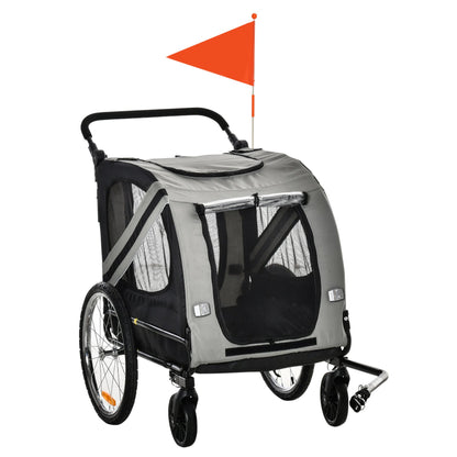 PawHut Dog Bike Trailer 2 - in - 1 Pet Stroller Cart Bicycle Carrier Attachment for Travel in steel frame with Wheels Hitch Coupler Reflectors Flag Grey - Baig Merchant