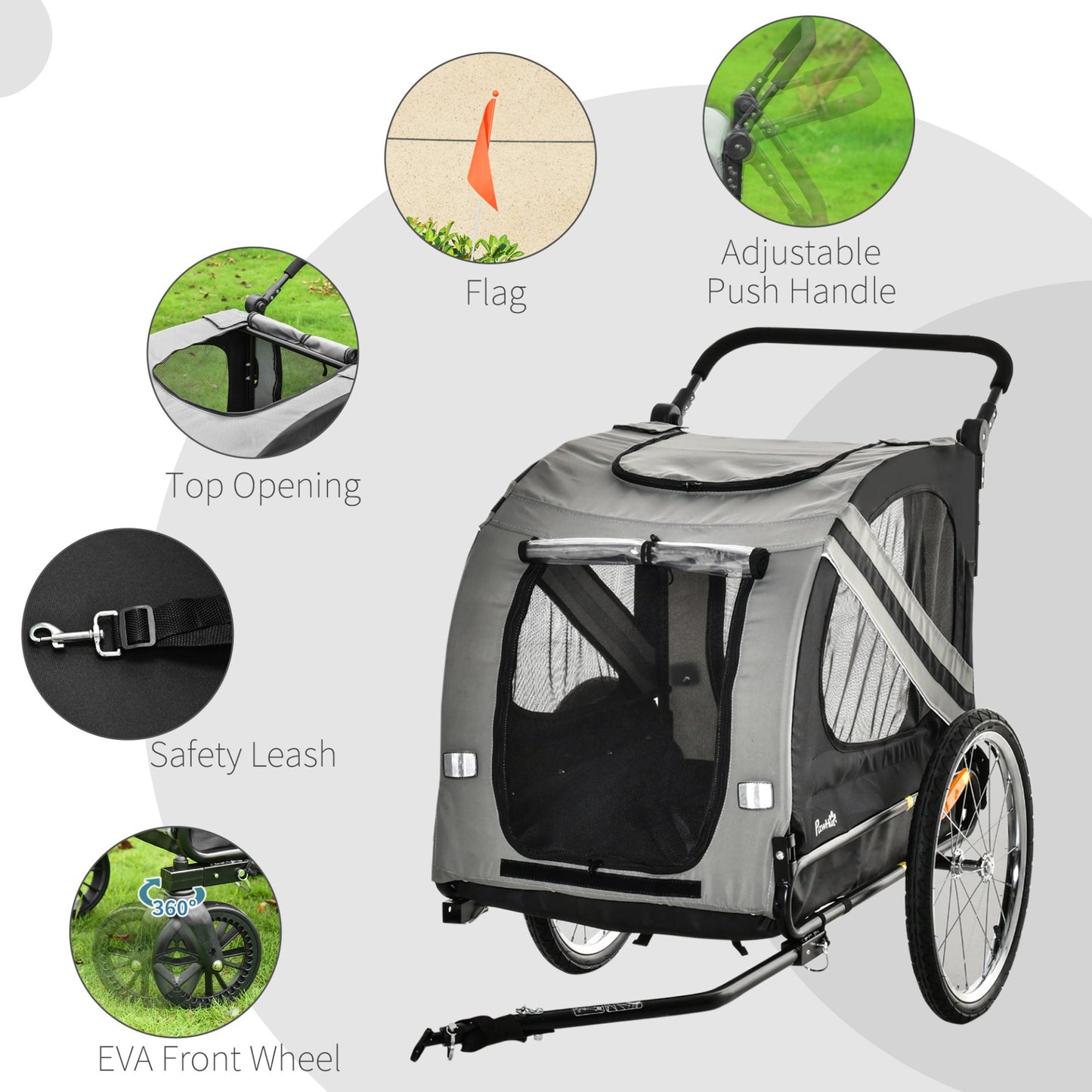 PawHut Dog Bike Trailer 2 - in - 1 Pet Stroller Cart Bicycle Carrier Attachment for Travel in steel frame with Wheels Hitch Coupler Reflectors Flag Grey - Baig Merchant