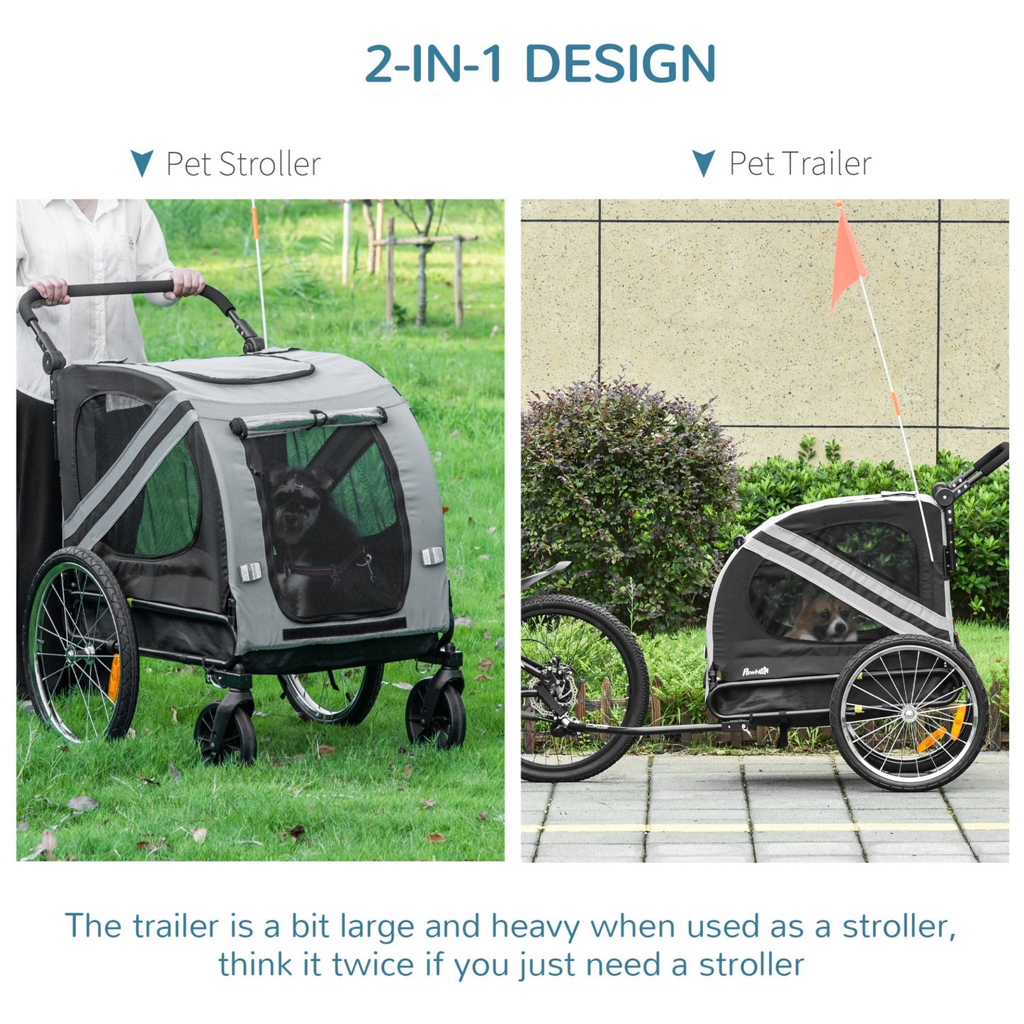 PawHut Dog Bike Trailer 2 - in - 1 Pet Stroller Cart Bicycle Carrier Attachment for Travel in steel frame with Wheels Hitch Coupler Reflectors Flag Grey - Baig Merchant