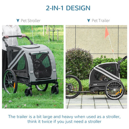 PawHut Dog Bike Trailer 2 - in - 1 Pet Stroller Cart Bicycle Carrier Attachment for Travel in steel frame with Wheels Hitch Coupler Reflectors Flag Grey - Baig Merchant