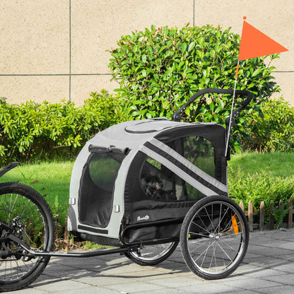 PawHut Dog Bike Trailer 2 - in - 1 Pet Stroller Cart Bicycle Carrier Attachment for Travel in steel frame with Wheels Hitch Coupler Reflectors Flag Grey - Baig Merchant