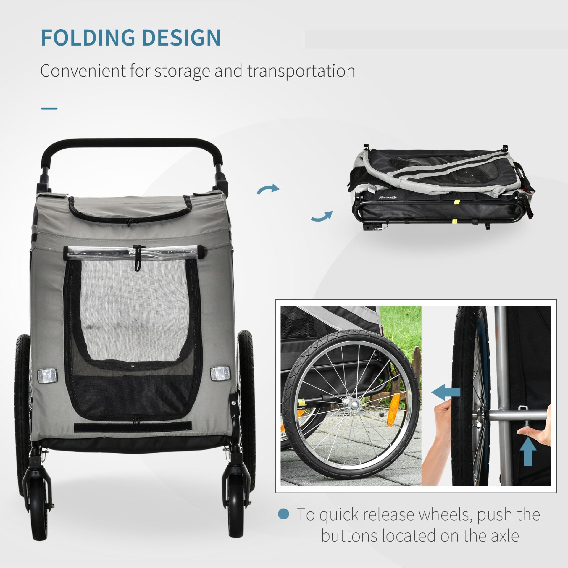 PawHut Dog Bike Trailer 2 - in - 1 Pet Stroller Cart Bicycle Carrier Attachment for Travel in steel frame with Wheels Hitch Coupler Reflectors Flag Grey - Baig Merchant