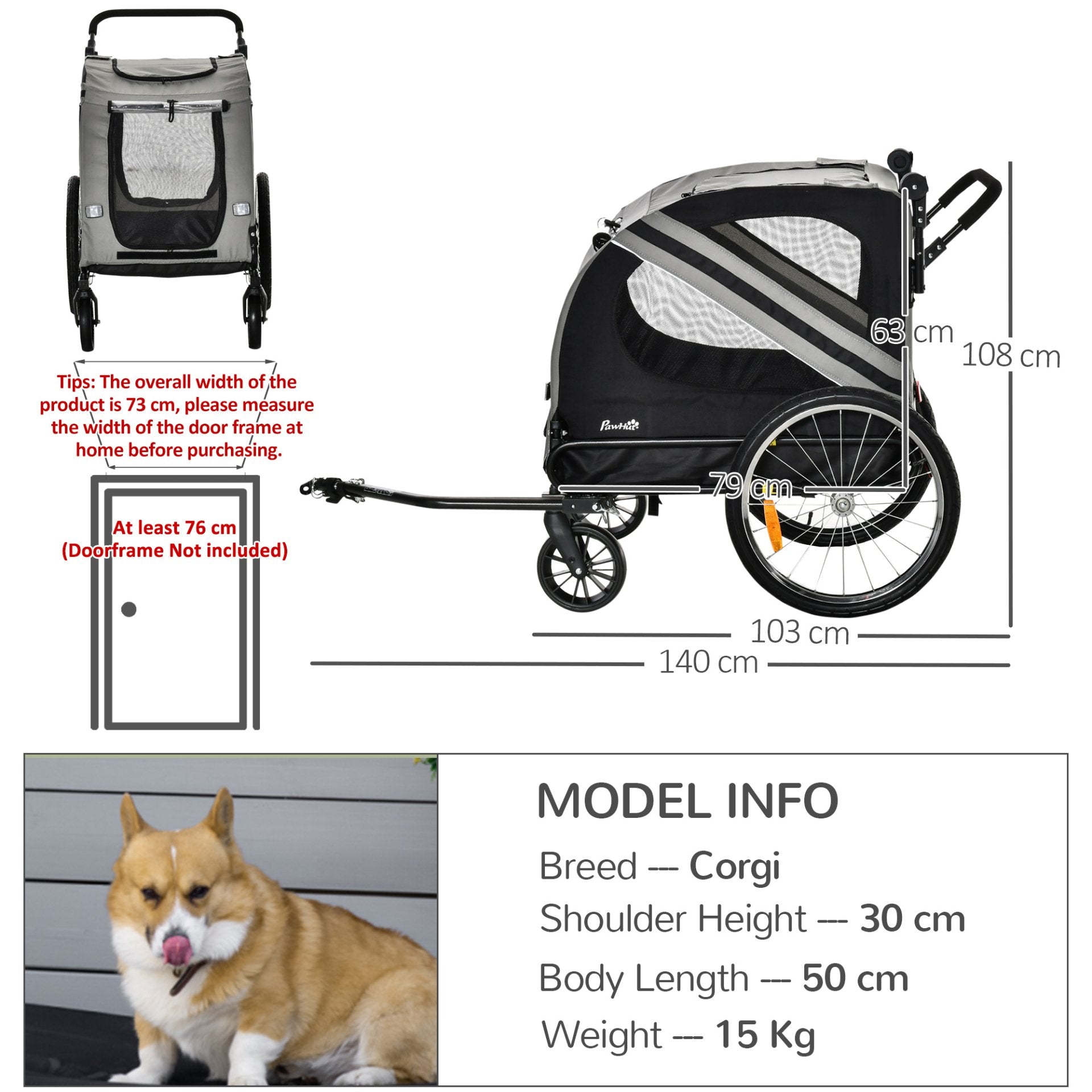 PawHut Dog Bike Trailer 2 - in - 1 Pet Stroller Cart Bicycle Carrier Attachment for Travel in steel frame with Wheels Hitch Coupler Reflectors Flag Grey - Baig Merchant