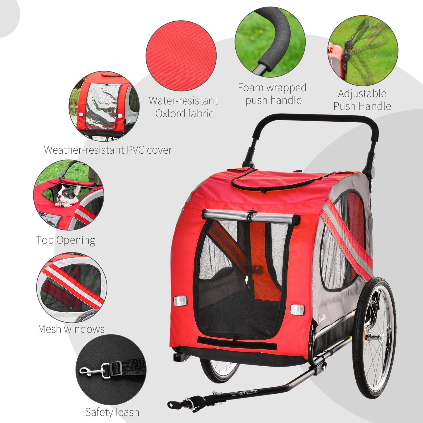 PawHut Dog Bike Trailer 2 - in - 1 Pet Stroller Cart Bicycle Carrier Attachment for Travel in steel frame with Wheels Hitch Coupler Reflectors Flag Red - Baig Merchant