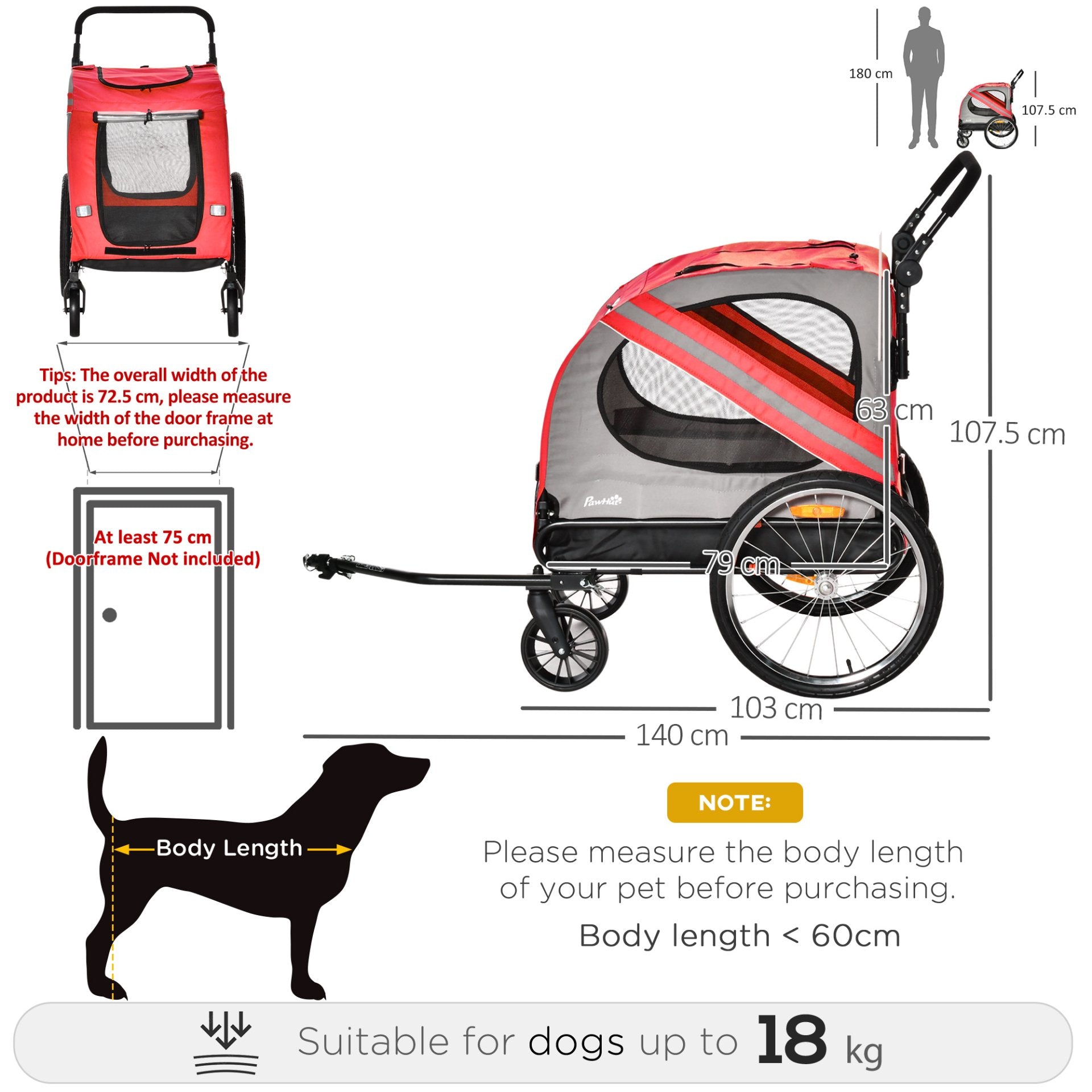 PawHut Dog Bike Trailer 2 - in - 1 Pet Stroller Cart Bicycle Carrier Attachment for Travel in steel frame with Wheels Hitch Coupler Reflectors Flag Red - Baig Merchant