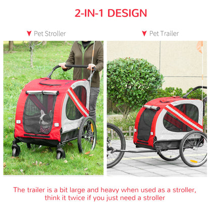 PawHut Dog Bike Trailer 2 - in - 1 Pet Stroller Cart Bicycle Carrier Attachment for Travel in steel frame with Wheels Hitch Coupler Reflectors Flag Red - Baig Merchant