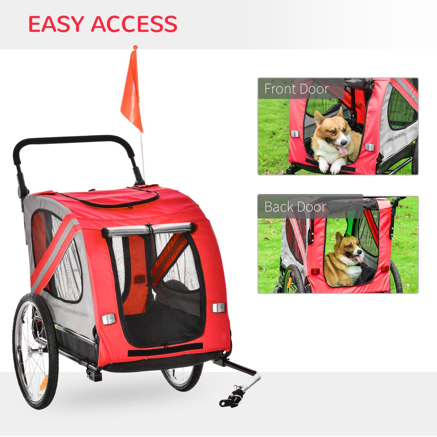 PawHut Dog Bike Trailer 2 - in - 1 Pet Stroller Cart Bicycle Carrier Attachment for Travel in steel frame with Wheels Hitch Coupler Reflectors Flag Red - Baig Merchant