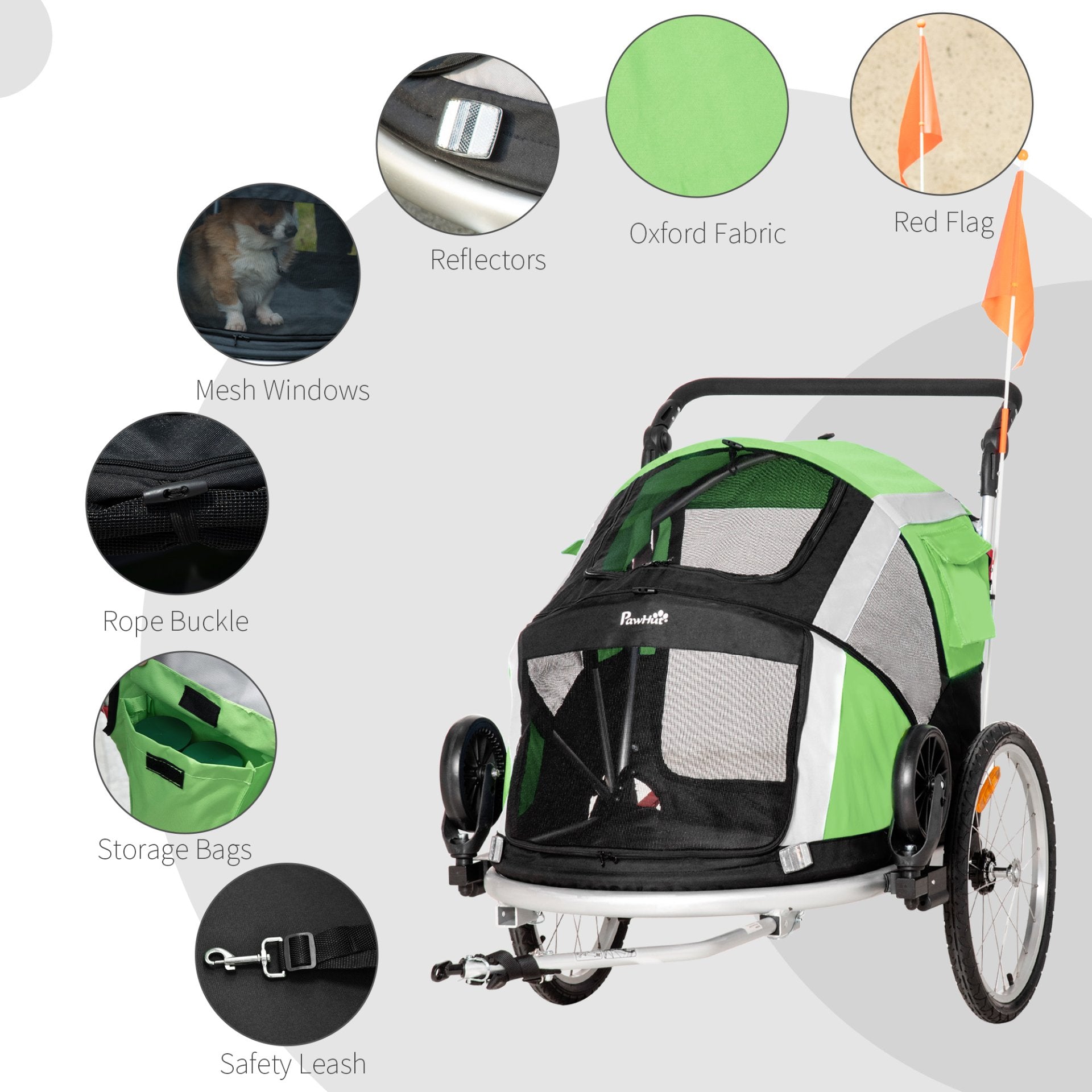 PawHut Dog Bike Trailer 2 - in - 1 Pet Stroller for Large Dogs Cart Foldable Bicycle Carrier Aluminium Frame with Safety Leash Hitch Coupler Reflector Flag Green - Baig Merchant