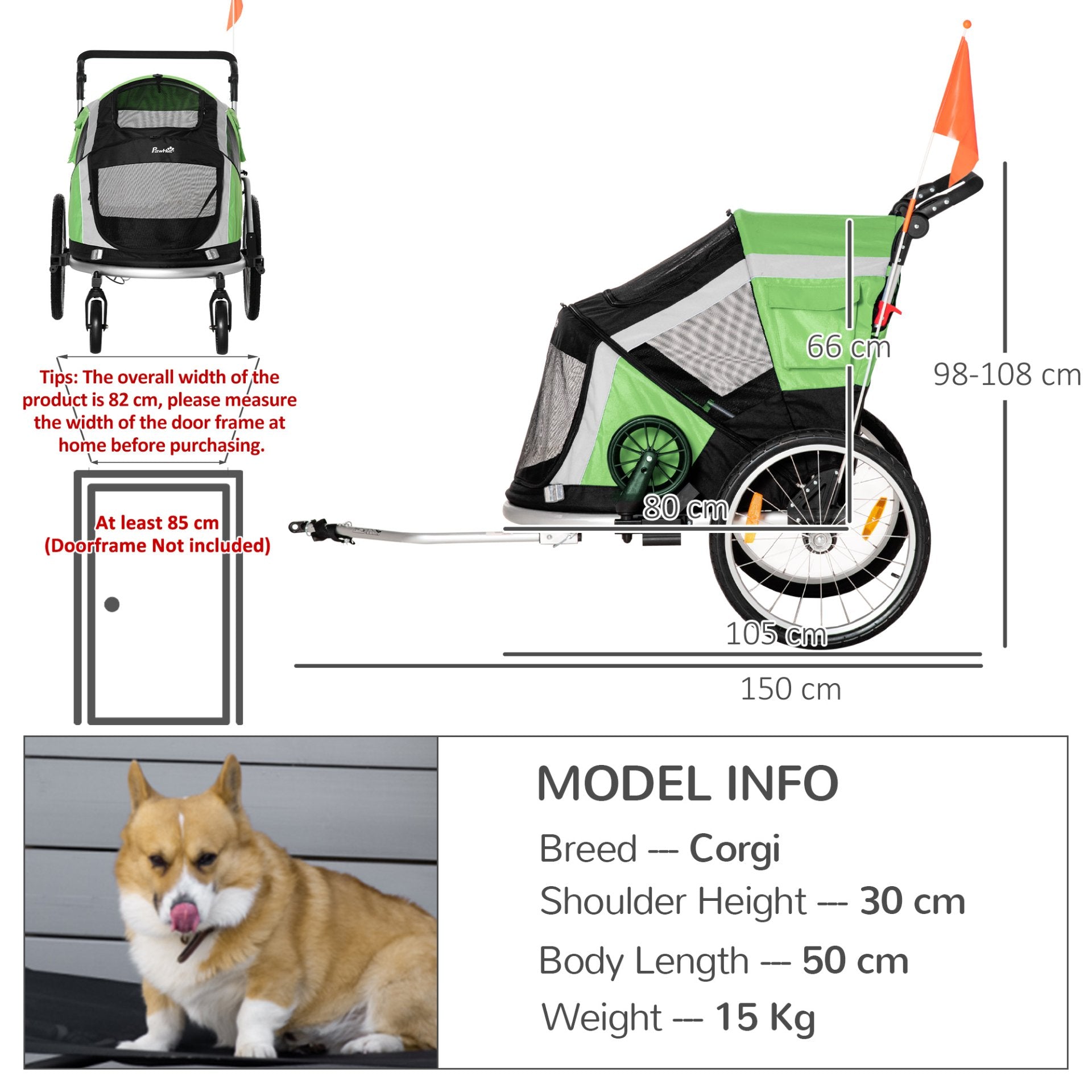 PawHut Dog Bike Trailer 2 - in - 1 Pet Stroller for Large Dogs Cart Foldable Bicycle Carrier Aluminium Frame with Safety Leash Hitch Coupler Reflector Flag Green - Baig Merchant