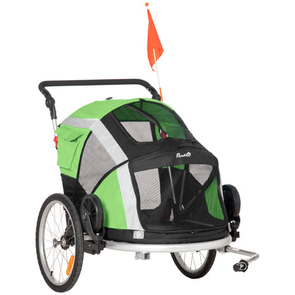 PawHut Dog Bike Trailer 2 - in - 1 Pet Stroller for Large Dogs Cart Foldable Bicycle Carrier Aluminium Frame with Safety Leash Hitch Coupler Reflector Flag Green - Baig Merchant