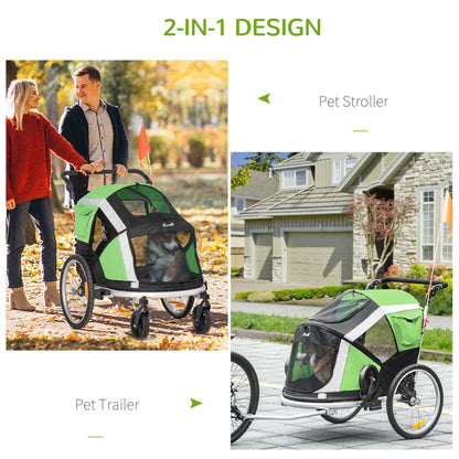 PawHut Dog Bike Trailer 2 - in - 1 Pet Stroller for Large Dogs Cart Foldable Bicycle Carrier Aluminium Frame with Safety Leash Hitch Coupler Reflector Flag Green - Baig Merchant