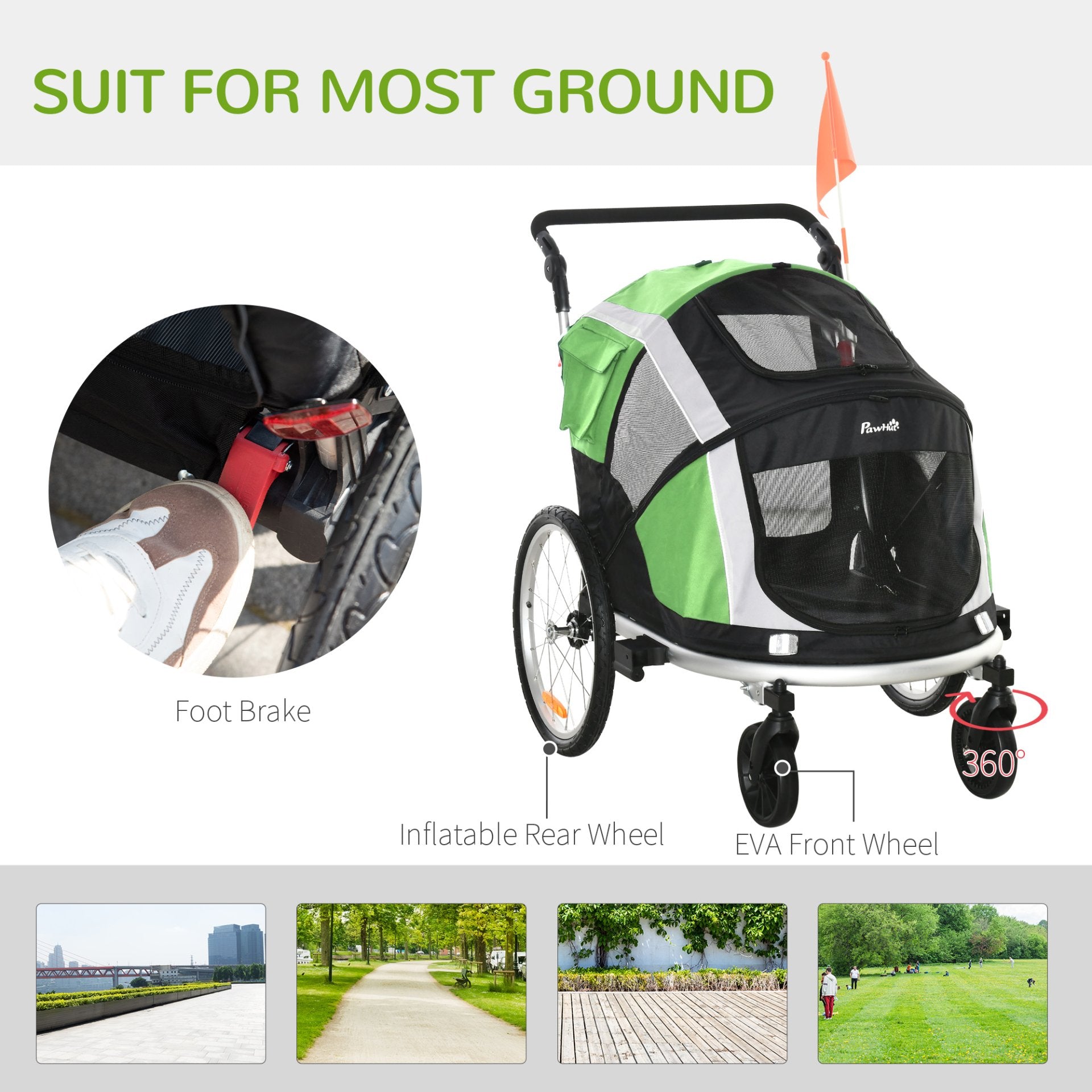 PawHut Dog Bike Trailer 2 - in - 1 Pet Stroller for Large Dogs Cart Foldable Bicycle Carrier Aluminium Frame with Safety Leash Hitch Coupler Reflector Flag Green - Baig Merchant