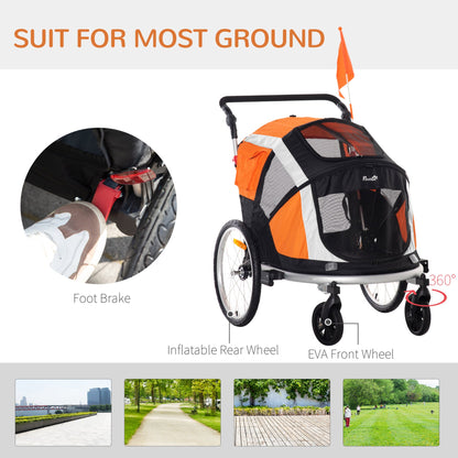 PawHut Dog Bike Trailer 2 - in - 1 Pet Stroller for Large Dogs Cart Foldable Bicycle Carrier Aluminium Frame with Safety Leash Hitch Coupler Reflector Flag Orange - Baig Merchant