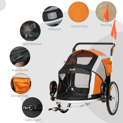 PawHut Dog Bike Trailer 2 - in - 1 Pet Stroller for Large Dogs Cart Foldable Bicycle Carrier Aluminium Frame with Safety Leash Hitch Coupler Reflector Flag Orange - Baig Merchant