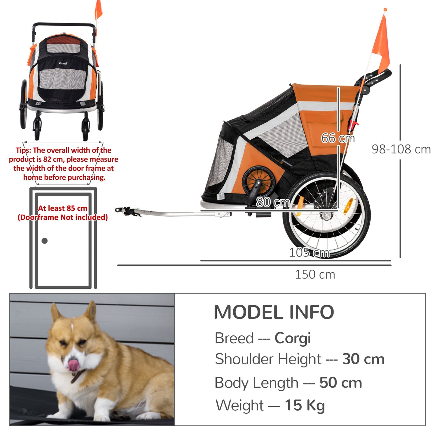 PawHut Dog Bike Trailer 2 - in - 1 Pet Stroller for Large Dogs Cart Foldable Bicycle Carrier Aluminium Frame with Safety Leash Hitch Coupler Reflector Flag Orange - Baig Merchant