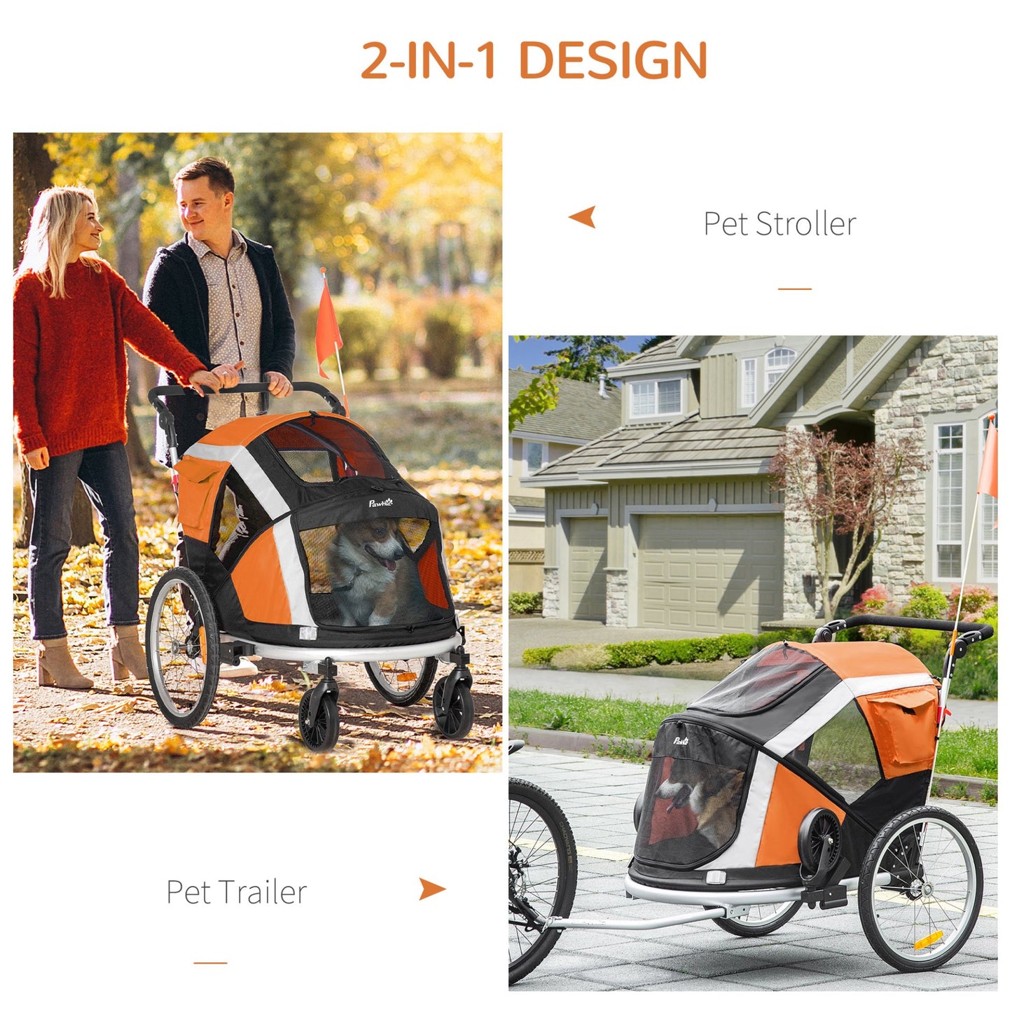 PawHut Dog Bike Trailer 2 - in - 1 Pet Stroller for Large Dogs Cart Foldable Bicycle Carrier Aluminium Frame with Safety Leash Hitch Coupler Reflector Flag Orange - Baig Merchant