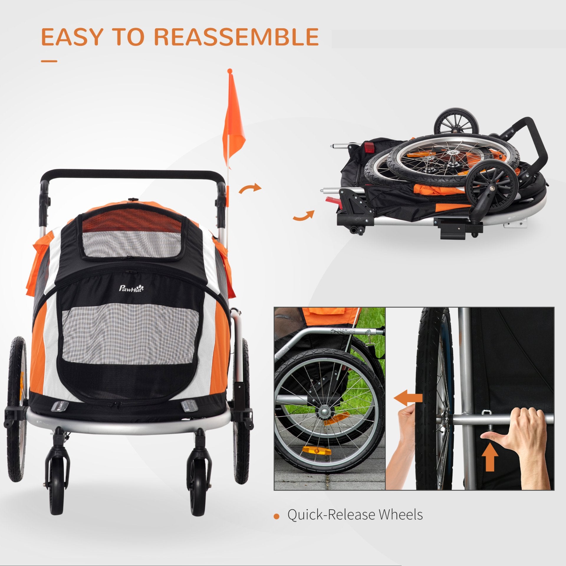 PawHut Dog Bike Trailer 2 - in - 1 Pet Stroller for Large Dogs Cart Foldable Bicycle Carrier Aluminium Frame with Safety Leash Hitch Coupler Reflector Flag Orange - Baig Merchant