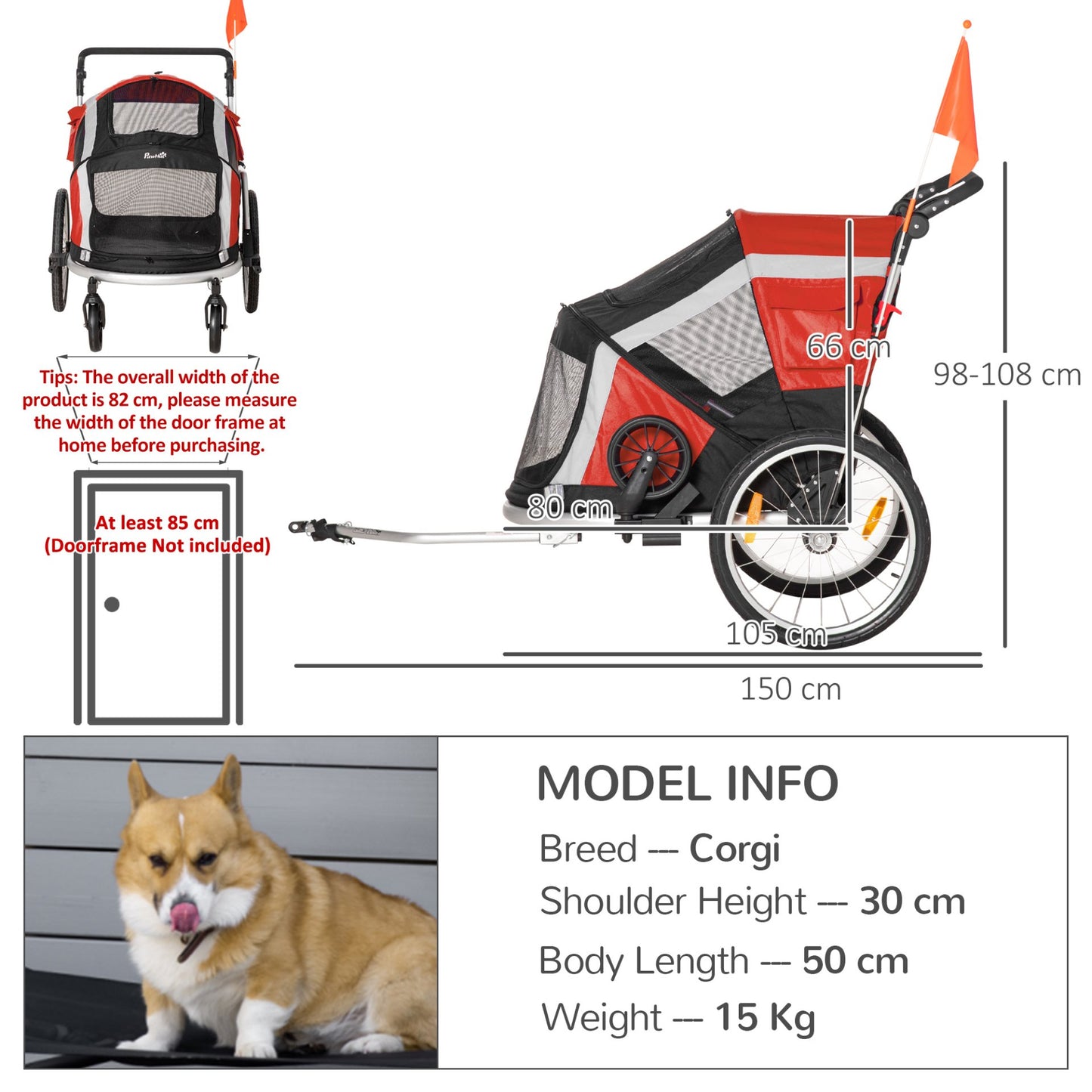 PawHut Dog Bike Trailer 2 - in - 1 Pet Stroller for Large Dogs Cart Foldable Bicycle Carrier Aluminium Frame with Safety Leash Hitch Coupler Reflector Flag Red - Baig Merchant