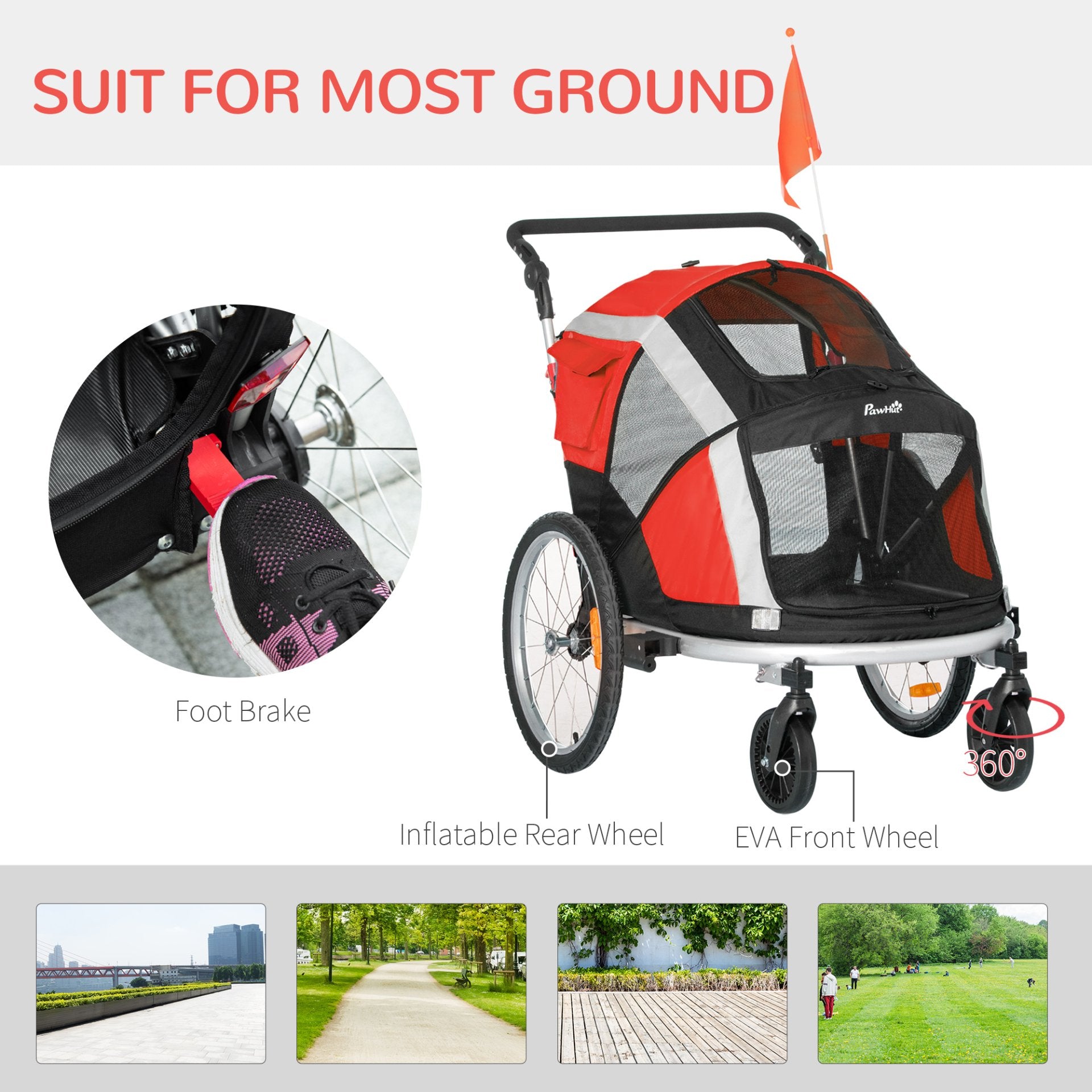 PawHut Dog Bike Trailer 2 - in - 1 Pet Stroller for Large Dogs Cart Foldable Bicycle Carrier Aluminium Frame with Safety Leash Hitch Coupler Reflector Flag Red - Baig Merchant