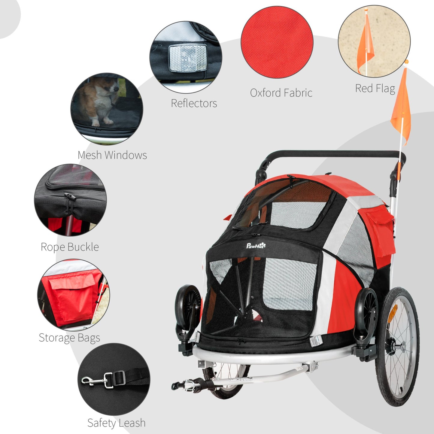 PawHut Dog Bike Trailer 2 - in - 1 Pet Stroller for Large Dogs Cart Foldable Bicycle Carrier Aluminium Frame with Safety Leash Hitch Coupler Reflector Flag Red - Baig Merchant