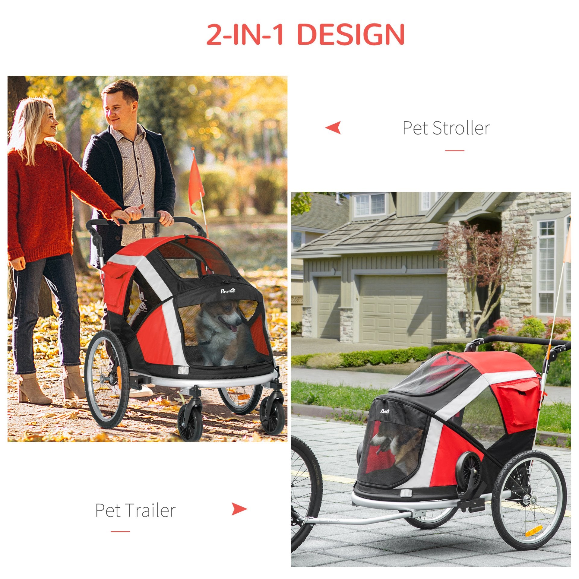 PawHut Dog Bike Trailer 2 - in - 1 Pet Stroller for Large Dogs Cart Foldable Bicycle Carrier Aluminium Frame with Safety Leash Hitch Coupler Reflector Flag Red - Baig Merchant