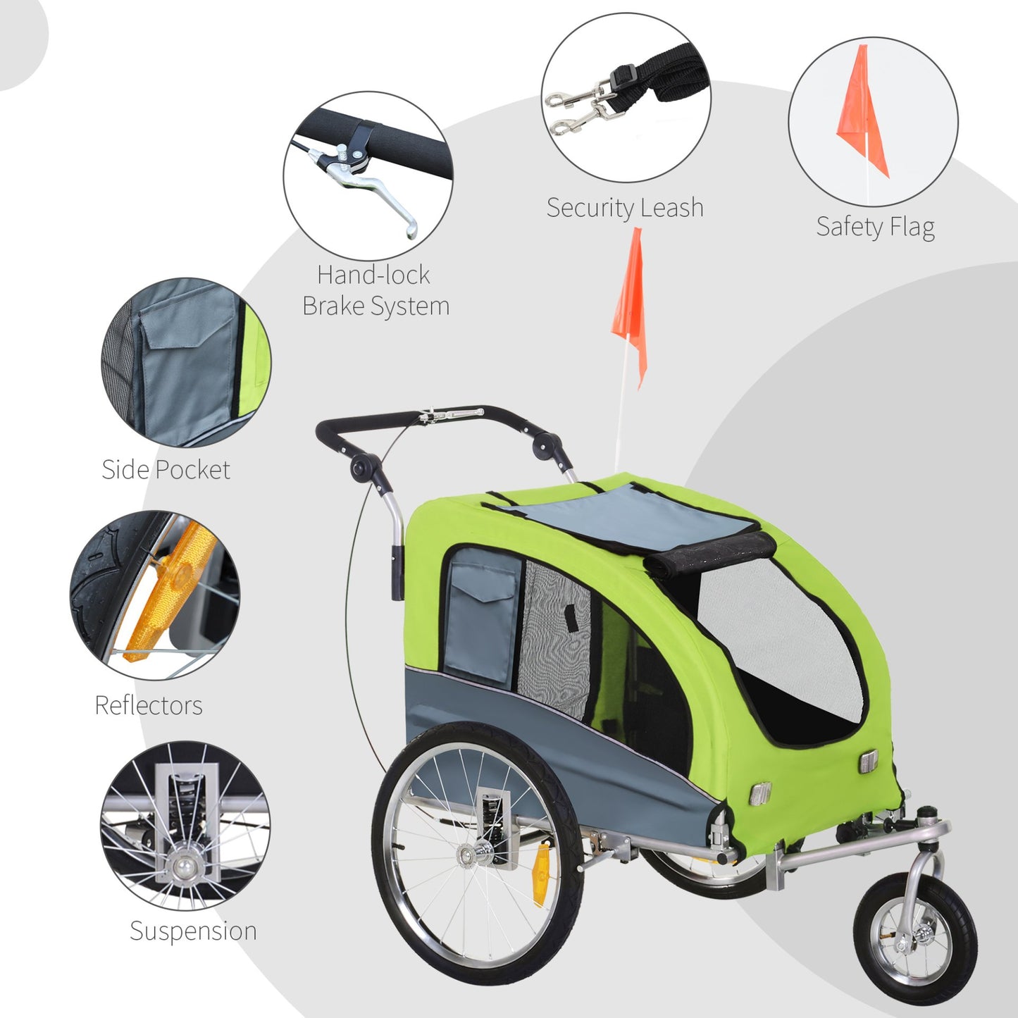 PawHut Dog Bike Trailer Pet Stroller Cart Carrier for Bicycle 360° Rotatable with Reflectors 3 Wheels Hitch Coupler Push/ Pull/ Brake Water Resistant Green - Baig Merchant