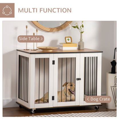 PawHut Dog Cage End Table w/ Five Wheels, Dog Crate Furniture for Large Dogs, with Lockable Door - White - Baig Merchant