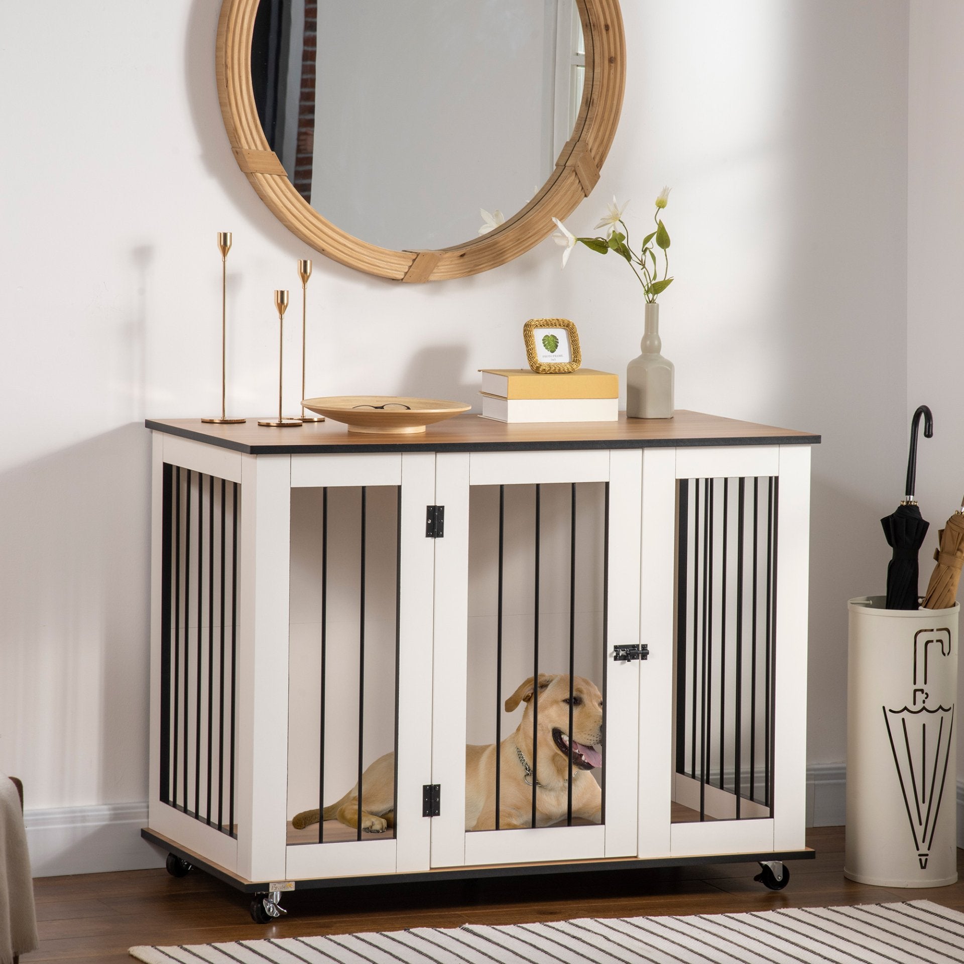 PawHut Dog Cage End Table w/ Five Wheels, Dog Crate Furniture for Large Dogs, with Lockable Door - White - Baig Merchant