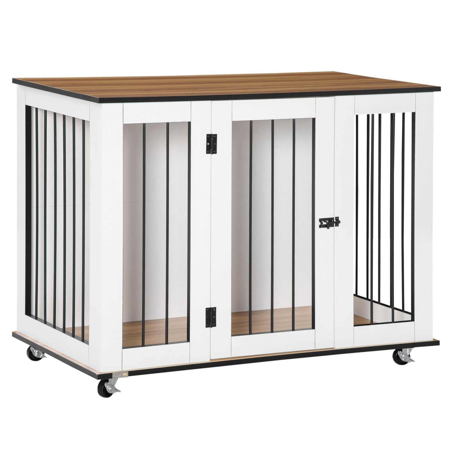 PawHut Dog Cage End Table w/ Five Wheels, Dog Crate Furniture for Large Dogs, with Lockable Door - White - Baig Merchant