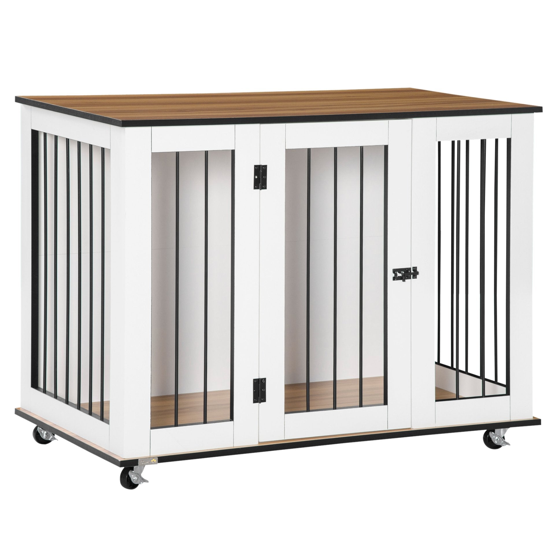 PawHut Dog Cage End Table w/ Five Wheels, Dog Crate Furniture for Large Dogs, with Lockable Door - White - Baig Merchant