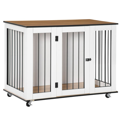 PawHut Dog Cage End Table w/ Five Wheels, Dog Crate Furniture for Large Dogs, with Lockable Door - White - Baig Merchant