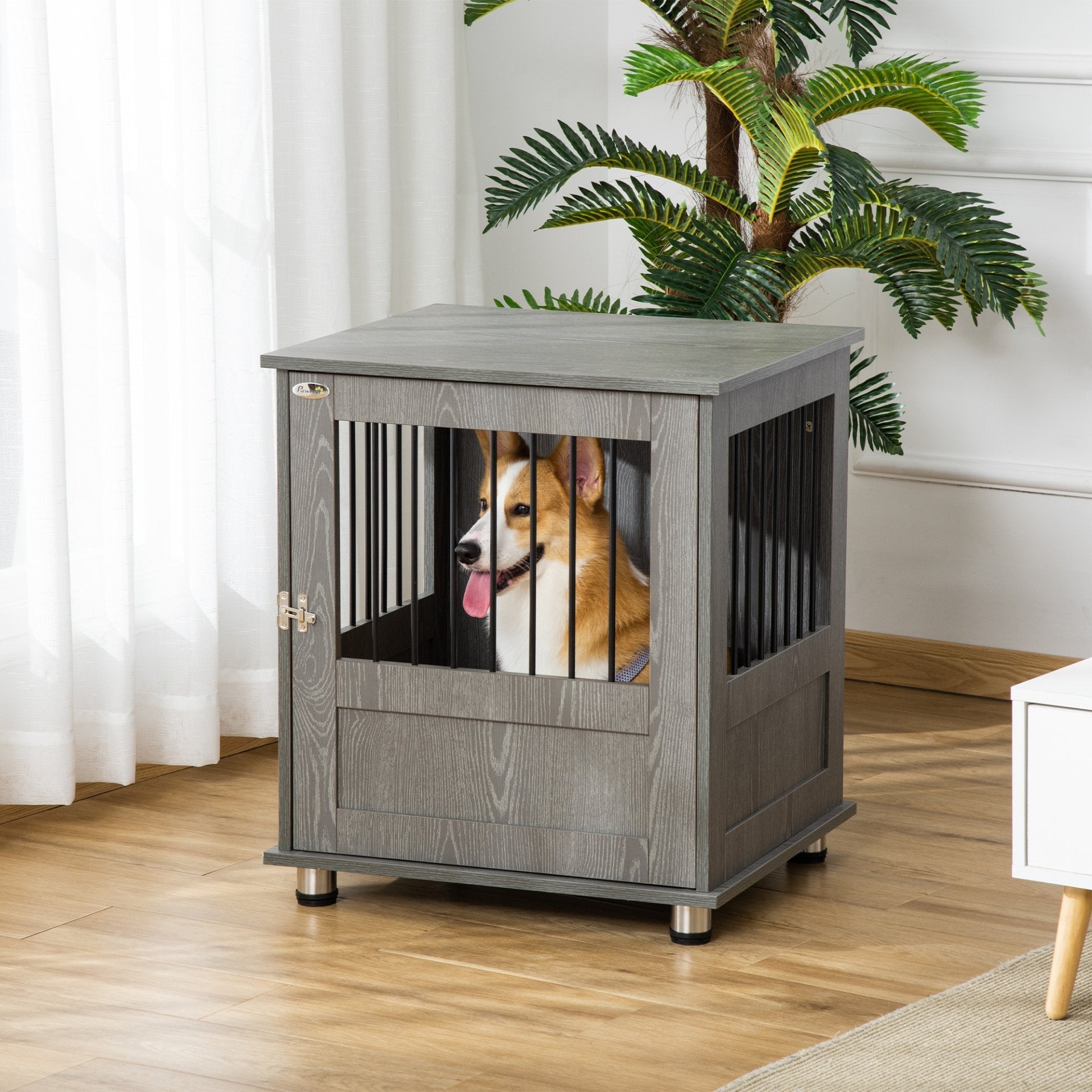 PawHut Dog Crate Furniture End Table, Pet Kennel for Small and Medium Dogs, Grey - 60 x 55 x 70 cm - Baig Merchant