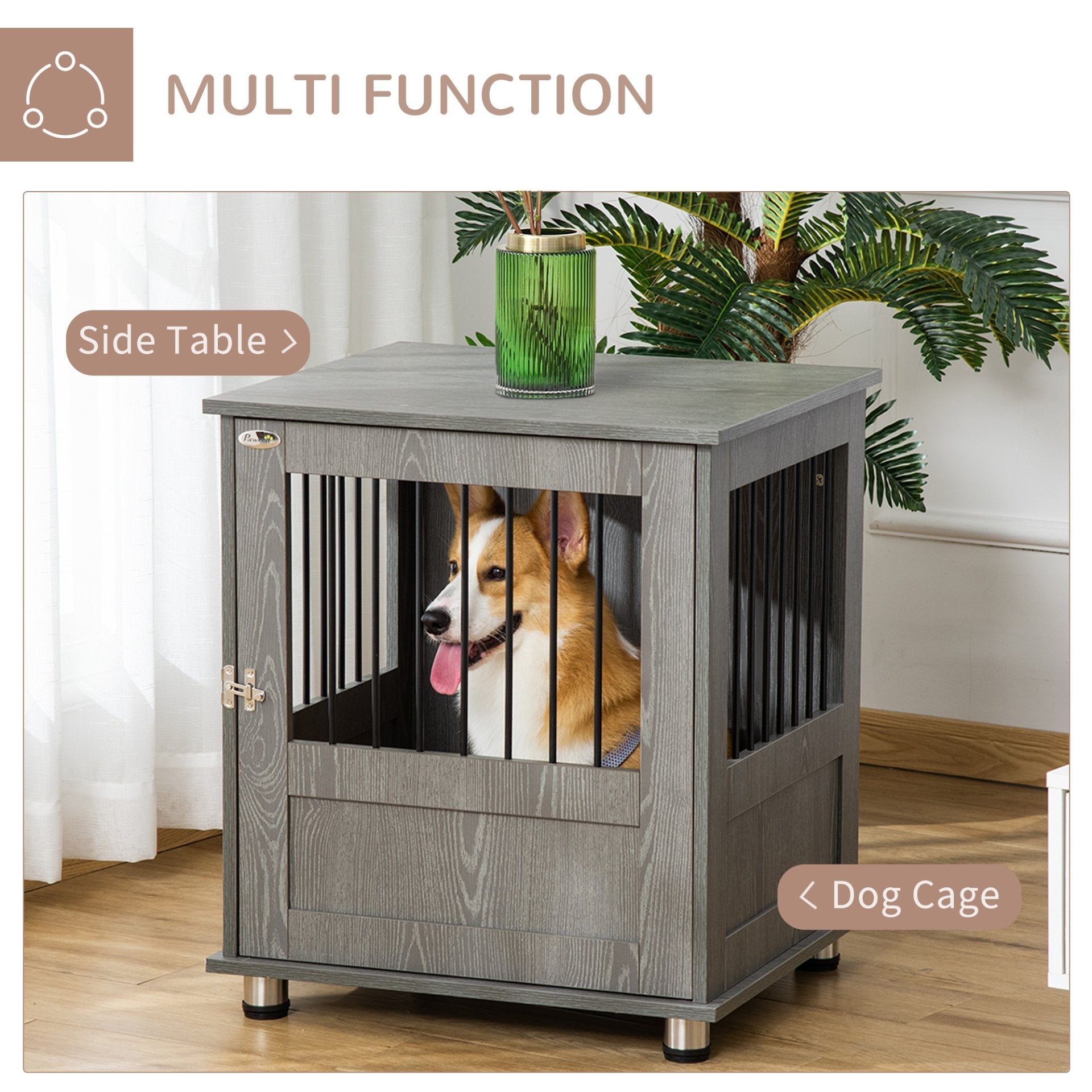 PawHut Dog Crate Furniture End Table, Pet Kennel for Small and Medium Dogs, Grey - 60 x 55 x 70 cm - Baig Merchant