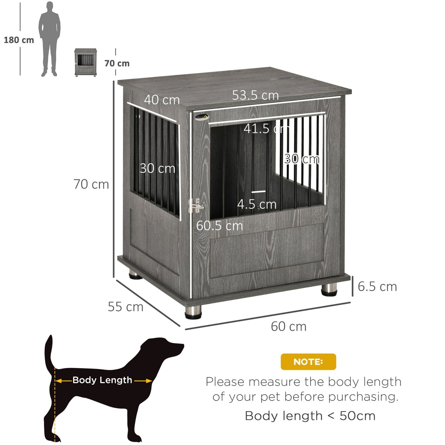 PawHut Dog Crate Furniture End Table, Pet Kennel for Small and Medium Dogs, Grey - 60 x 55 x 70 cm - Baig Merchant