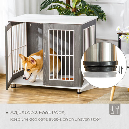 PawHut Dog Crate Wooden Pet Kennel Cage End Table w/ Lockable Door for Small Medium Dog Grey & White 85 x 55 x 75 cm - Baig Merchant