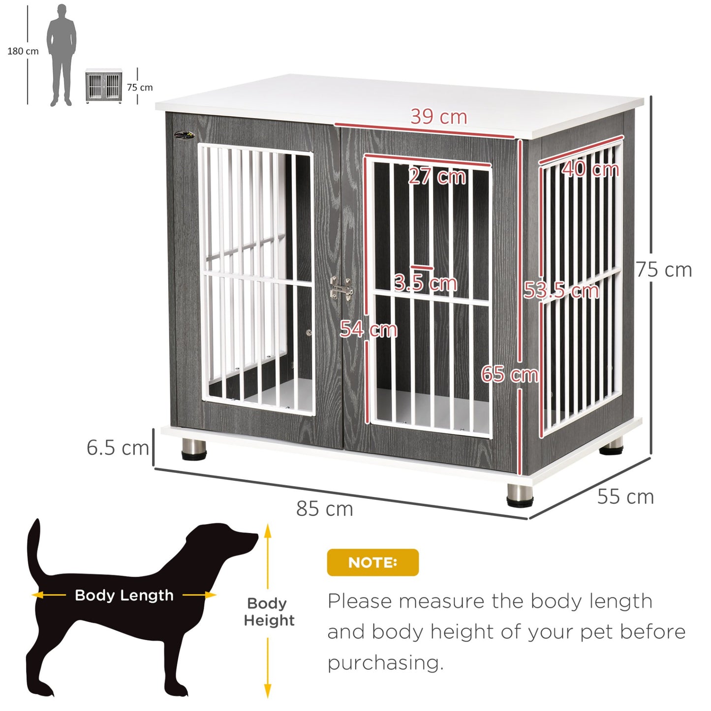 PawHut Dog Crate Wooden Pet Kennel Cage End Table w/ Lockable Door for Small Medium Dog Grey & White 85 x 55 x 75 cm - Baig Merchant