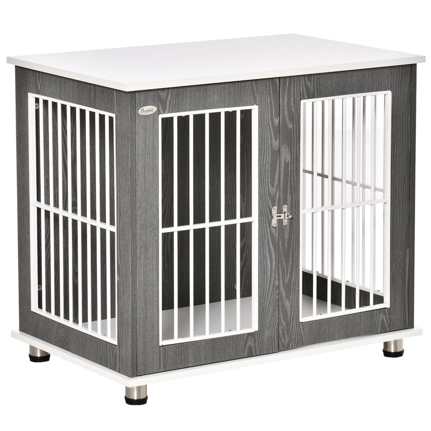 PawHut Dog Crate Wooden Pet Kennel Cage End Table w/ Lockable Door for Small Medium Dog Grey & White 85 x 55 x 75 cm - Baig Merchant