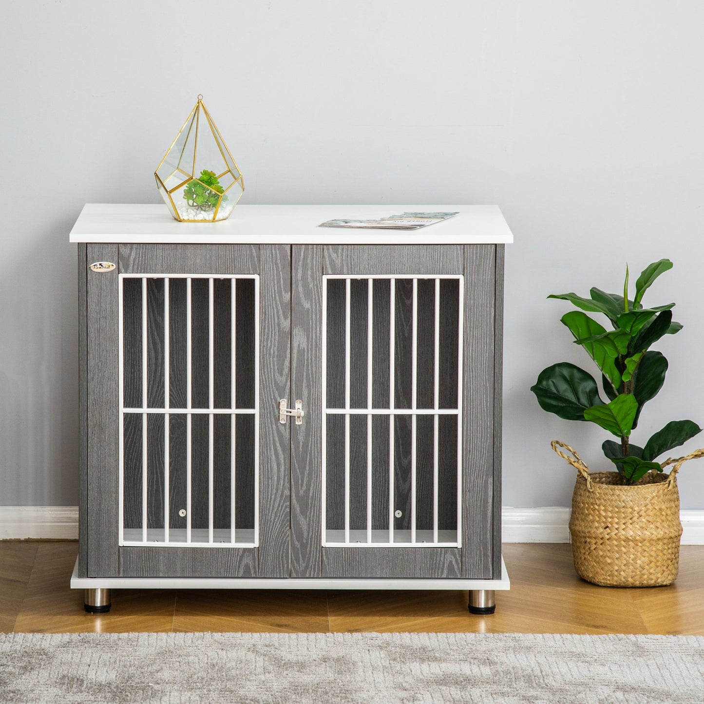 PawHut Dog Crate Wooden Pet Kennel Cage End Table w/ Lockable Door for Small Medium Dog Grey & White 85 x 55 x 75 cm - Baig Merchant