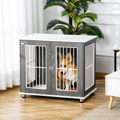 PawHut Dog Crate Wooden Pet Kennel Cage End Table w/ Lockable Door for Small Medium Dog Grey & White 85 x 55 x 75 cm - Baig Merchant