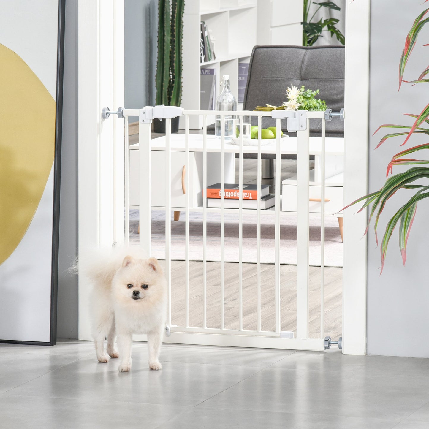 PawHut Dog Gate Adjustable Safety Gate Metal Pet Barrier w/ Auto - Close Door Double Locking Easy - Open Doors Stairs Home 74 - 80cm Wide, White - Baig Merchant